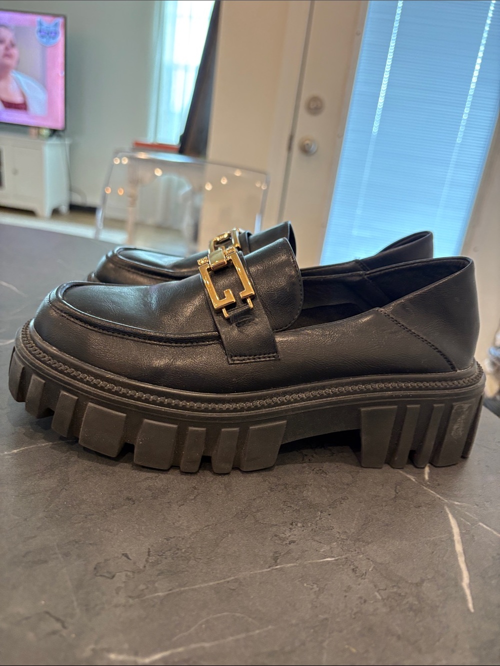 Black Leather Lug-Soled Loafers with Gold Chain Accent - Picture 4 of 5
